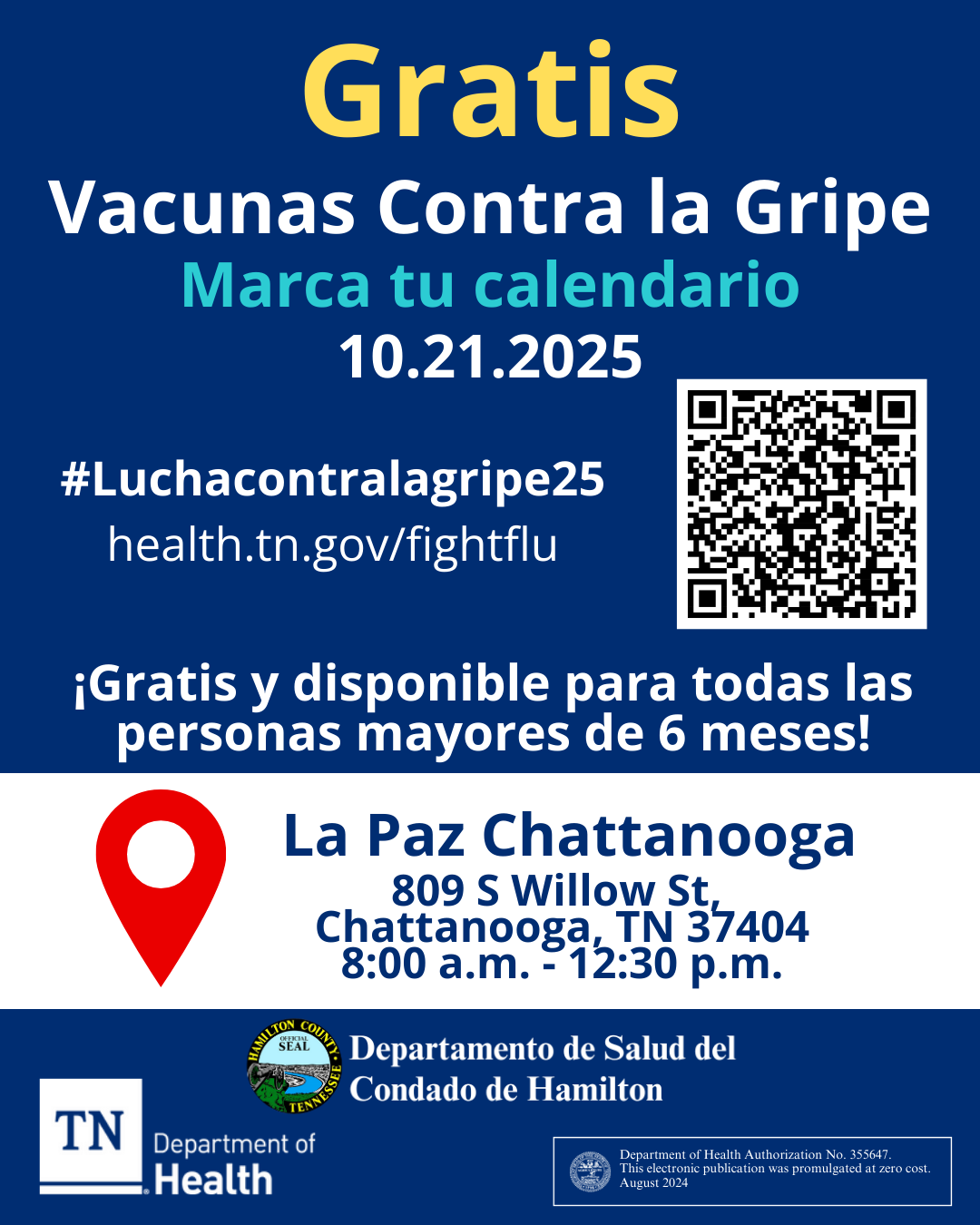 Gratis Vacunas Contra la Gripe.  Marca tu calendario - 10/21/2025 en La Paz Chattanooga 8am - 12:30pm